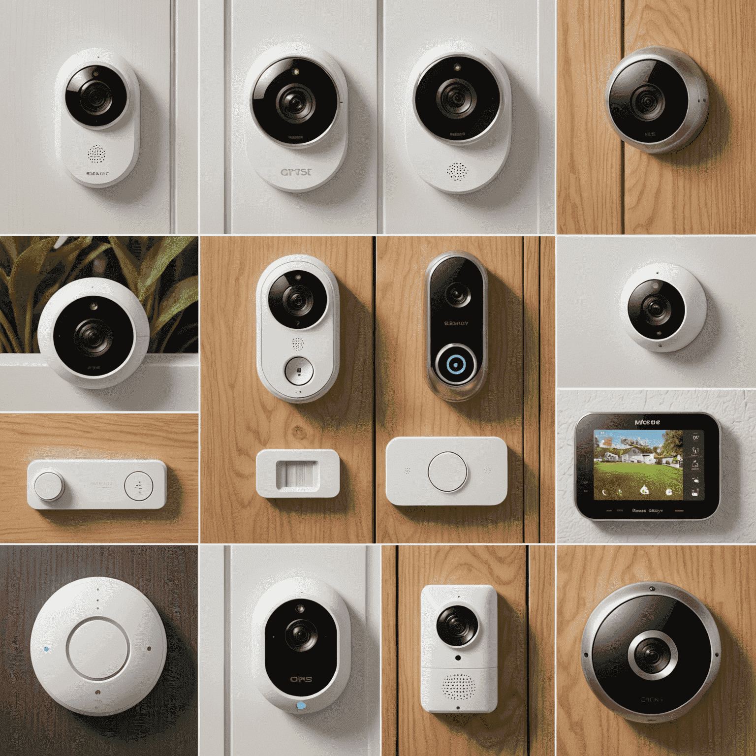 Eine Collage von Smart-Home-Sicherheitsgeräten wie Kameras, Türschlössern und Bewegungssensoren